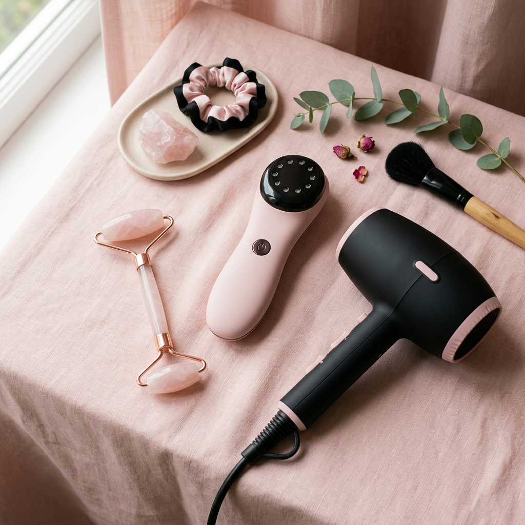 Beautyapparaten - flatlay van verzorgingstools